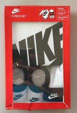 Nike Baby LS Bodysuit Hat Booties, 3 Pc Gift Box Set White Swoosh 6-12 Mon