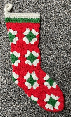 Vintage Crochet Christmas Stocking MCM Grandma Square Crocheted 18 