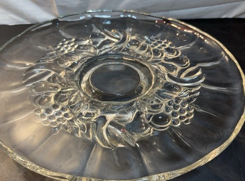 Vintage Clear Glass Pedestal Tray Grape Pattern Cake Stand Serving Platter