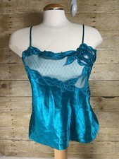 Vintage Victorias Secret Gold Label Cami Top sz M Teal Blue Satin Silky Lace VS