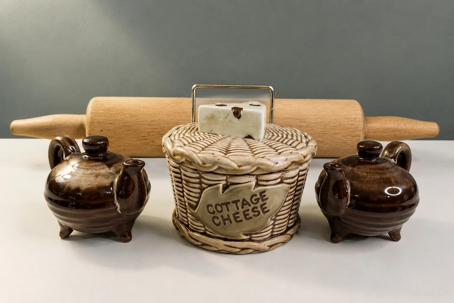 Rustic Farmhouse Kitchen Decor Set Rolling Pin Cottage Cheese Crock Salt Pepper