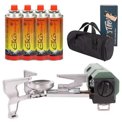 Camping Gaskocher 2in1 mit Piezo  optional mit 4x Kartuschen tragbare gasheizung