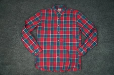 Lands' End Canvas Shirt Mens Medium Red Green Blue Plaid Button Down Long Sleeve
