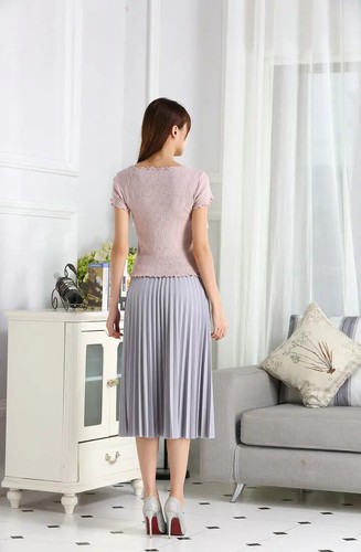 Nueva Moda Para Mujer Cintura Alta Plisada Color Sólido Media Longitud Falda Elástica - Imagen 17 de 29