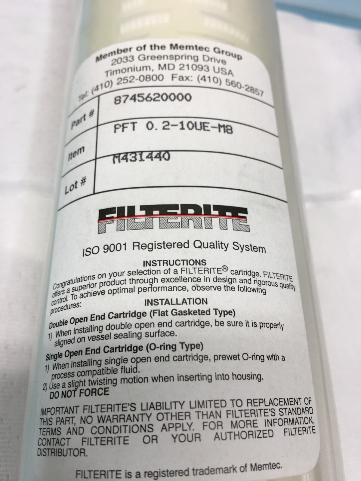 Filterite 8745620000 Filter Cartridge, PFT 0.2-10UE-M8, Memtec, 130003 ...