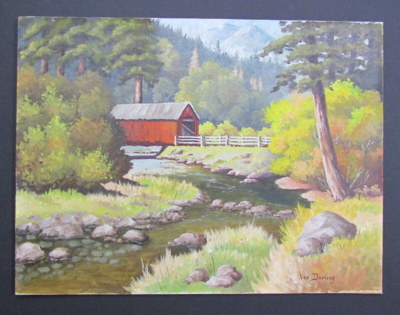 old oil Painting Impressionist covered Bridge River Creek landscape signed