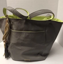 DEUX LUX Gray Lime Green Leather Tassel LG Open Tote Bag Shoulder Handbag