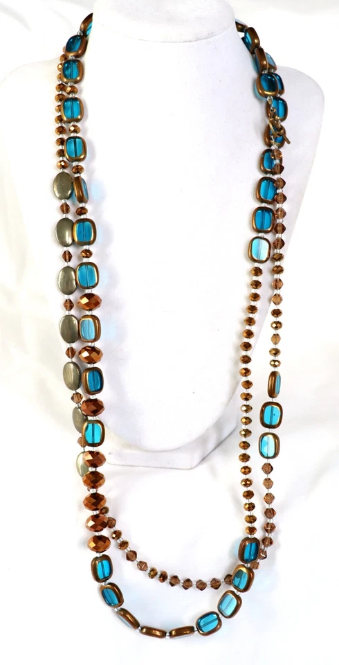 Collar Stefanie Wolf Cristal Azul y Bronce 60" Palanca Hecho a Mano Nuevo