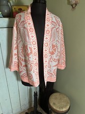 CHICO'S Cotton Silk Open Kimono Jacket Sz 2 Or L Coral White Lightweight Border