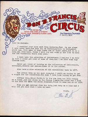 1952 Circus Miniature Models - Don B Francis - San Francisco Ca - Letter Head