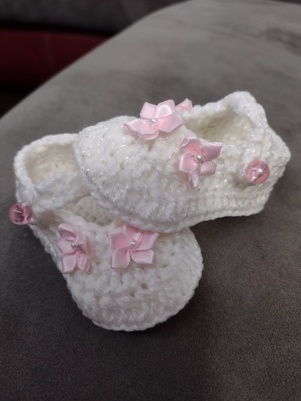 newborn white/ pink flowers baby girl Shoes, handmade crochet  