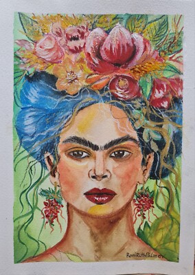 Original mixed media on canvas modern art  Frida Kalo  with flowers HOME DECOR