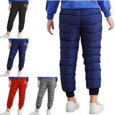US Kid Boys Winter Snow Pants Fleece-Lined Padded Pants High Waist Warm Trousers