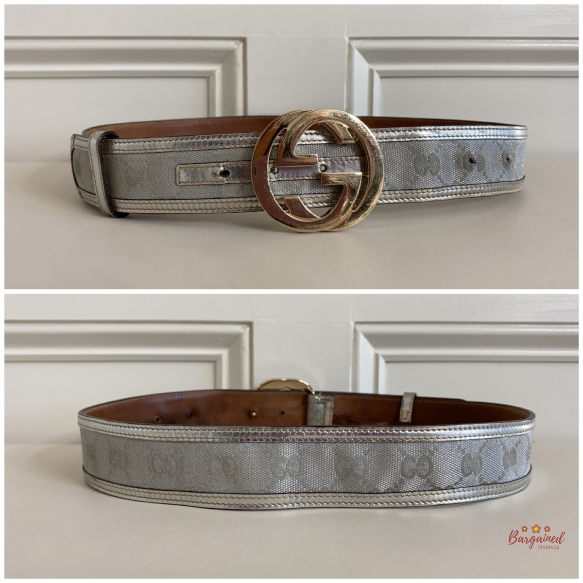 GUCCI ベルト　シルバー Authentic Gucci Silver Imprime Monogram Leather Interlocking