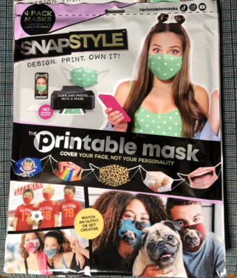 TWO 4 Pack Snap Style Printable Face Mask No Sew, Cloth, Elastic, & Nose Bridge