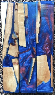 3 Pen Blanks Vacuum Stabilized  Quilted Flame Box Elder Burl Wood Alumilite Blue