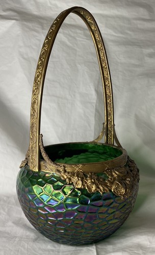KRALIK MARTELE Iridescent Art Nouveau Glass Metal Basket 1905-10 Antique RARE - Picture 3 of 12