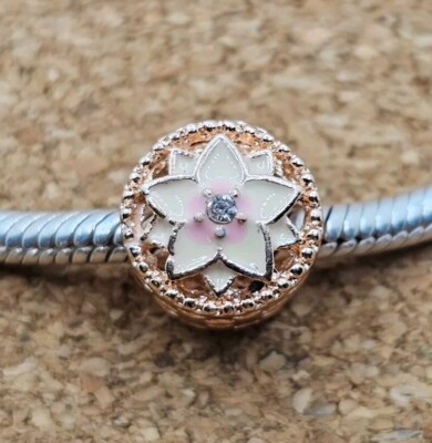 Authentic Rose Gold Pink White Cz Flower Magnolia European Charm Bead