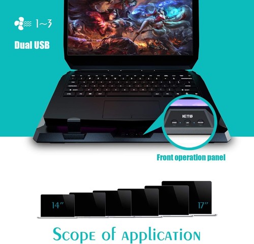 Laptop Cooling Pad 3 speed 2 Blowers 14-17" LED Color 7 Setting Gaming High Use - Afbeelding 7 van 10