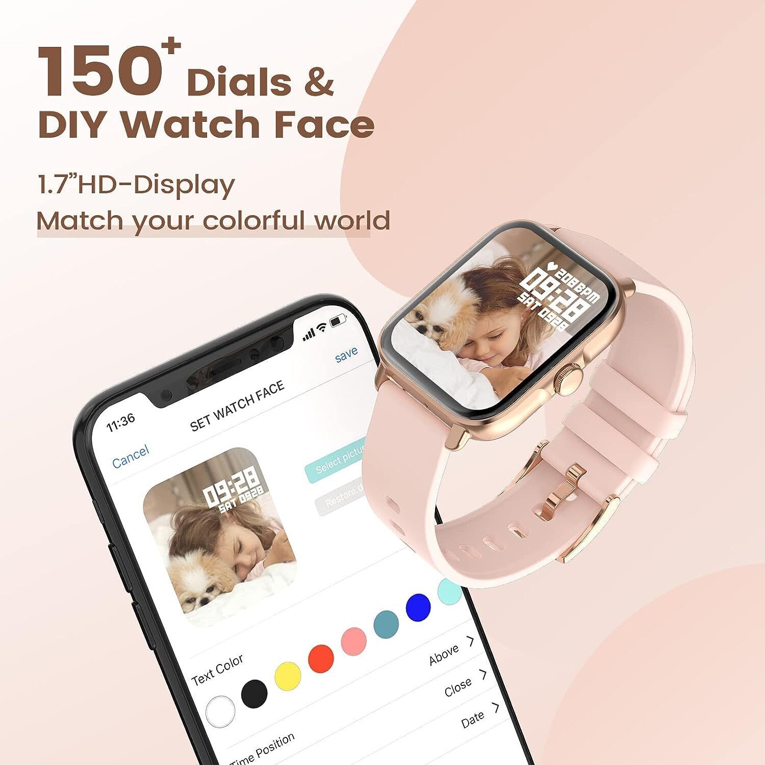 Y22 Smartwatch Damen mit Telefonfunktion Watch 1,7 Display für Android iOS