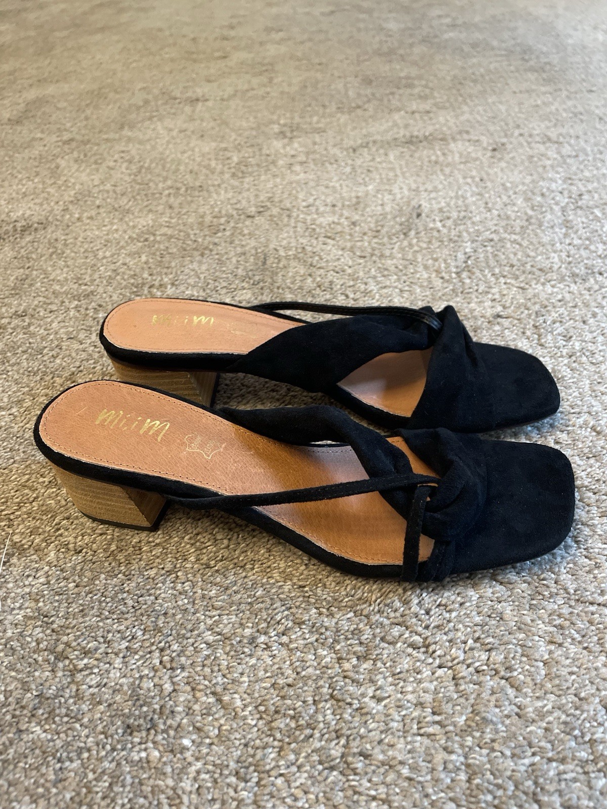 Mi.im Black Suede Block Heel Mule Sandals Size 10M Leather Open Toe Slip On EUC