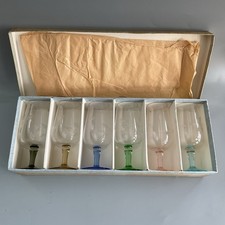 Box of 6 Vintage Wine Glasses with Clear Etched Bowls and Multi-colored Stems