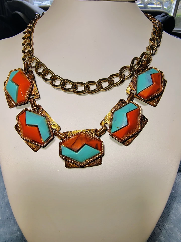 Vtg Tribal Boho Geometric Resin Turquoise Coral Look Statement Necklace Earrings - Image 2 of 4