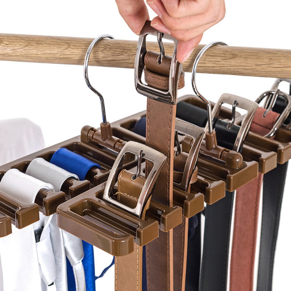 Belt Hanger Rack with Tie Storage, Brown Wooden Organizer for Closet Accessories