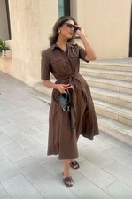 ZARA NEW WOMAN FW25 BELTED ZW COLLECTION POPLIN DRESS BROWN XS 2640/259/700