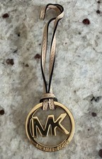 Michael Kors MK Logo Gold Hangtag Bag Charm w/ Leather Strap for Purse Handbag