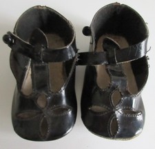 Vtg Black Patent Leather Baby Shoes Black Bead Closure for T-strap 4 1/4  long