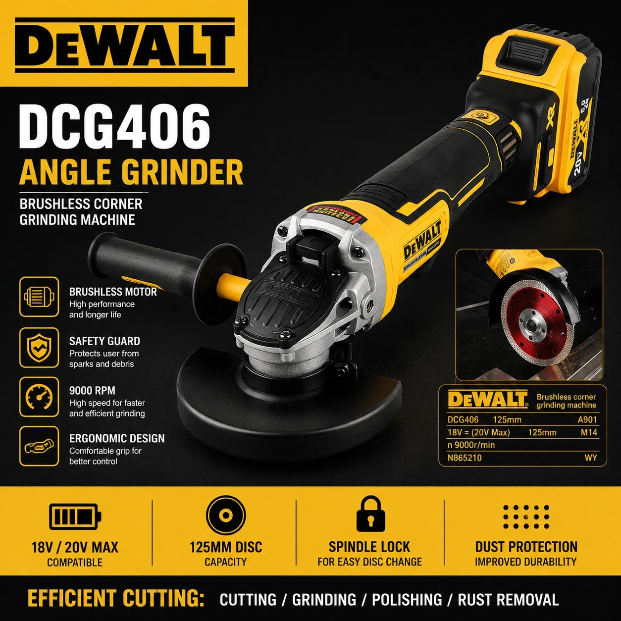 DEWALT DCG406 18V Brushless Cordless Angle Grinder - 125mm
