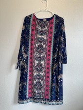Chicos Medallion Print Tie Sleeve Shift Dress Size 1 Blue Pink Floral