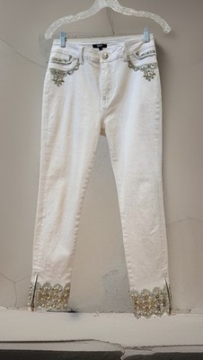 Tesoro Moda White Embellished Denim Jeans Beaded Fringe 5-Pocket Women