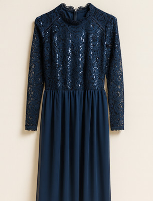 Vila Damen Abendkleid lang Nachtblau Gr. 40 ein Traum aus Mesh und Spitze 