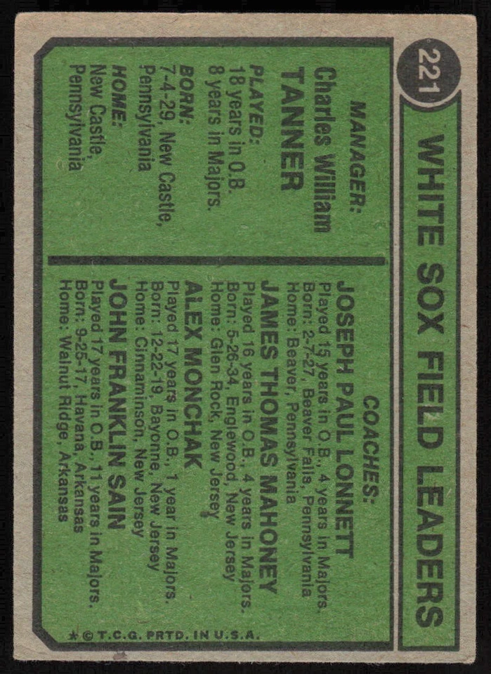 1974 Topps #221 White Sox Field Leaders (Chuck Tanner) - $1 SHIPPING (JB4) - Image 2 of 2