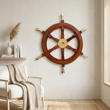 Wooden Ship Steering Wheel Nautical Wall Decor Brass Handle Maritime Antique Wooden Ship Steering Wheel Nautical Wall Decor Brass Handle Maritime Antique