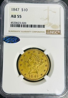 1847 P US American Eagle Liberty Head Gold Coin $10 Dollars AU 55 NGC Littleton