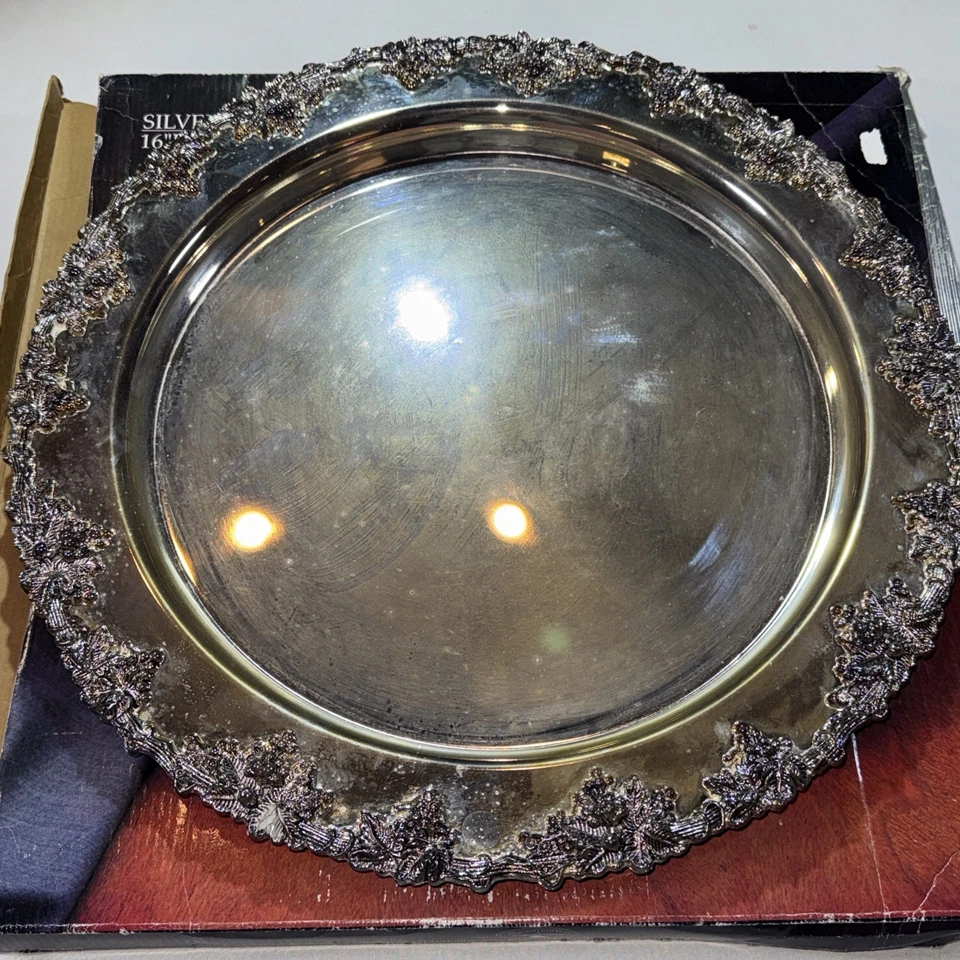Godinger Silver Art Silver Plated 16” Round Tray Grapevine Border Vintage NIB - Image 3 of 4