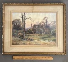 FRAMED ARTIST SIGNED EUROPEAN RURAL COTTAGE SCENE WATERCOLOR ANTIQUE