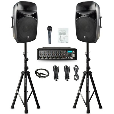 PRORECK MX15 2500W 15'' Powered Mixer PA System 48V Phantom Mic Stands BT