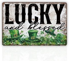 Lucky and Blessed Tin Metal Signs Home D cor, St. Patrick  s Day Shamrock Plaque,