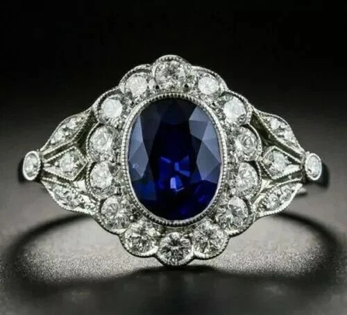 3Ct Vintage Art Deco Lab-Created Sapphire 14K White Gold Finish Engagement Ring - Picture 1 of 4