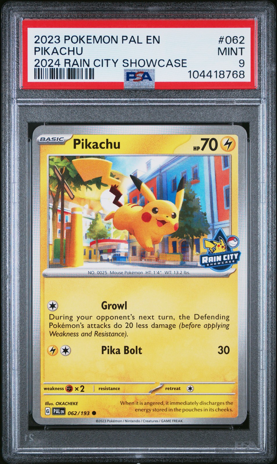 2023 POKEMON PAL EN-PALDEA EVOLVED 2024 RAIN CITY SHOWCASE #062 PIKACHU PSA 9