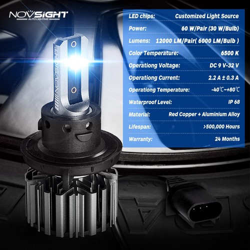 NOVSIGHT Pair H13 9008 LED Headlight Bulbs Kit High Low Beam 6500K Super White - Picture 8 of 12