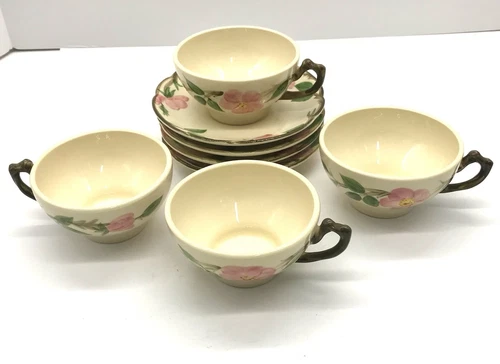 Set Of 4 Franciscan USA Desert Rose Flat Teacups Cups & Saucers Coffee Vtg
