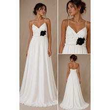 Wtoo by Watters Maxi Dress Womens 10 White Black Floral Crinkle Chiffon 8861