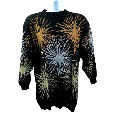 Vintage 80 s Black Silver Metallic Sweater Medium Dana Scott Fire Works 4th July