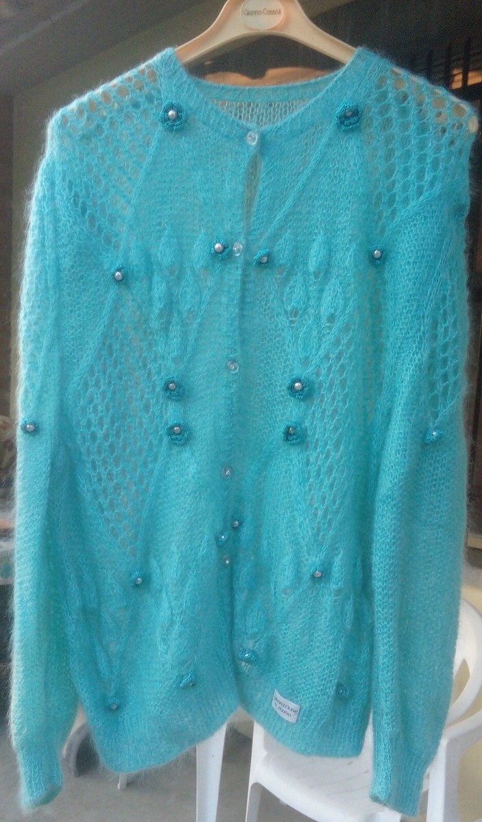 Golfino donna azzurro in lana fatto a mano, vintage anni '90,con