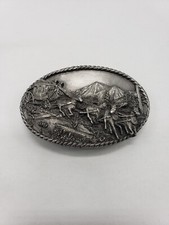 Vtg Stagecoach Bergamot pewter oval belt buckle, Siskiyou Buckle Co. 3 1/8" X 2"